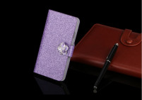 Луксозен кожен калъф тефтер стойка и клипс с камъни и брокат за CoolPad Porto E560 лилав с цвете